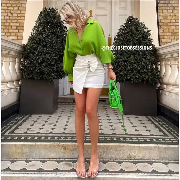 ZARA High-Waisted Oyster White Mini Skirt NWT Pearl Buckle M - Picture 13 of 16